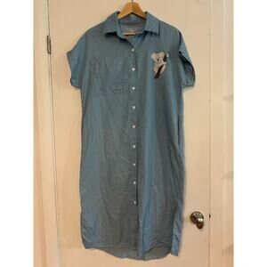 Cinder + Salt Handprinted Koala buttondown short sleeve shirt dress chambray L